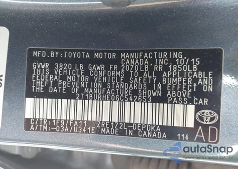 2016 Toyota Corolla L из США, поврежденный, VIN 2T1BURHE0GC542653